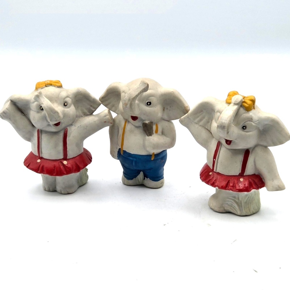 VINTAGE Set of 3 Elephants Hand Painted Figurines Comic Fine Ceramic‎ Elephants